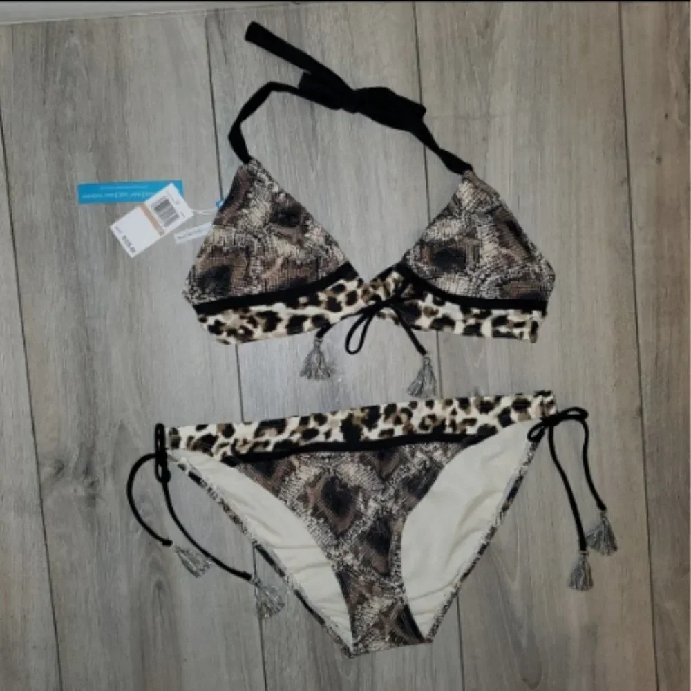 Bleu Rod Beattie Animal Print Triangle Bikini Top Tie Side Hipster Botto…